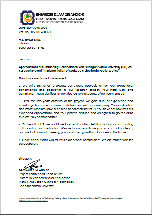 UIS Letter Of Appreciation